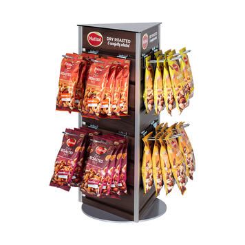 Triangular slatwall table display for snack manufacturer
