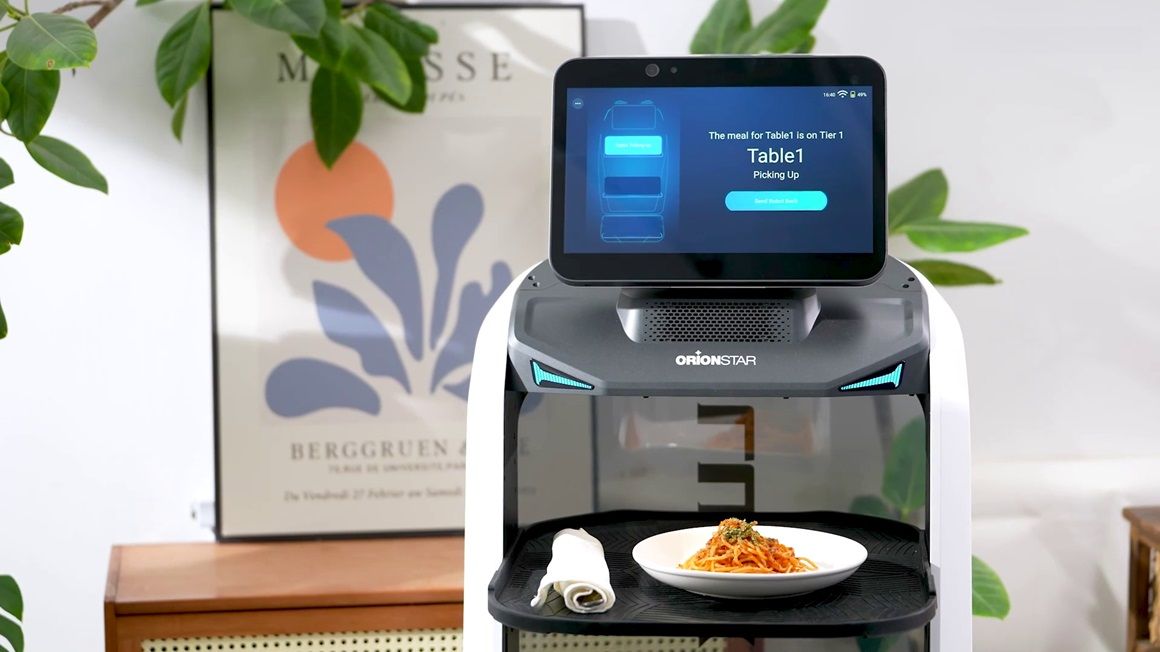 Waiter Robot with food and utensils on a tray