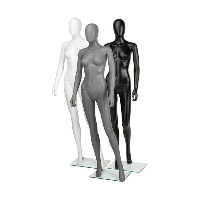 female mannequin in white, grey and black