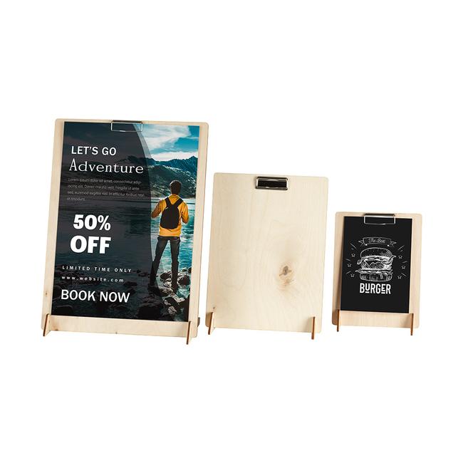 wooden l-shaped display with 50% off poster