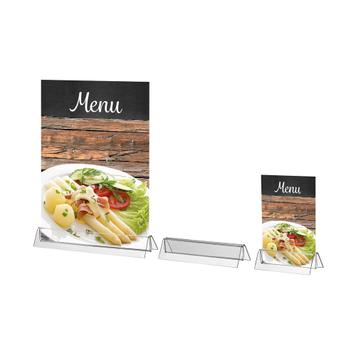 Acrylic Menu Card Holder "M Shape" in standard paper sizes