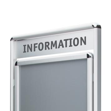 Poster Stand "Info" with header sign, 32 mm profile, silver anodised, round corners, 2-sided
